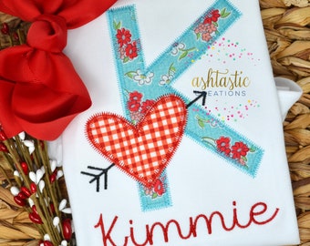 Girls Valentine's Day Letter with Heart Shirt / A-Z / Personalized Valentine's Shirt / Embroidery Applique Design / Custom Girls Ruffle Tee