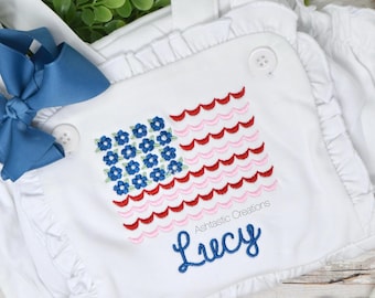 Girls 4th Of July Shirt Or Sunsuit / Floral Patriotic Shirt / Personalized Embroidered Outfit / American Flag Tee / Fourth Of July