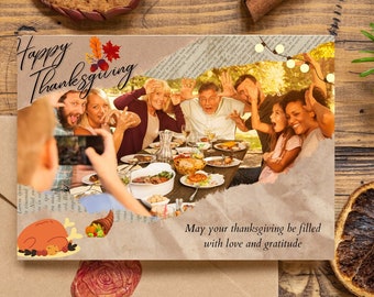 Glad Thanksgiving-familjefotokort, Thanksgiving-hälsningskort, Låt oss tacka-kortmall, redigerbart Thanksgiving-kort, PDF-utskrift