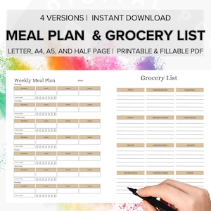 Planejador de refeições semanais, lista de compras, modelo para impressão, plano de menu de 7 dias, planejador de alimentos, cartão de receita, plano de ano novo saudável, A4/A5/carta/meio