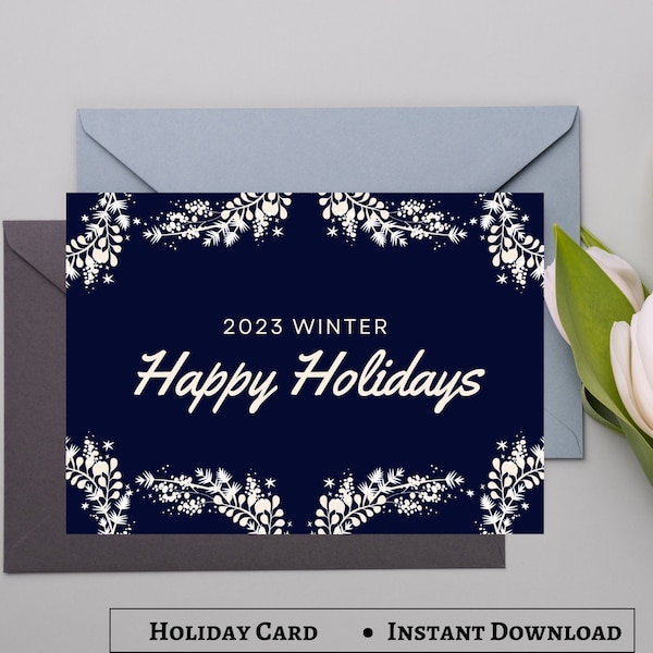 Blue and White Happy Holiday Holiday Card | 100% Editable | Personalized Cards | Happy Holiday Card Printable | Instant Download PDF Print