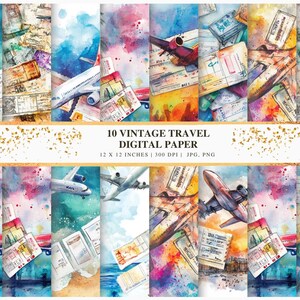 10 Papel Digital de Viagem Vintage | Papel para Scrapbook Imprimível | Designs de Mapas, Bilhetes e Cartões Postais Antigos