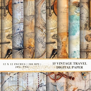 Carta digitale da viaggio vintage / Fogli di collage di mappe antiche e oggetti effimeri / Pagine di diario di scarto stampabili / Sfondi per album / Pacchetto da 12 JPG