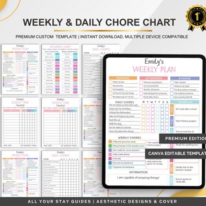 May include: A digital planner template for children with a pink, blue and yellow colour scheme. The template includes a weekly plan, daily chores, screen time checklist and a rewards chart. The text "Emily's Weekly Plan" is at the top of the page. The template is designed to help children stay organised and on track with their daily tasks.