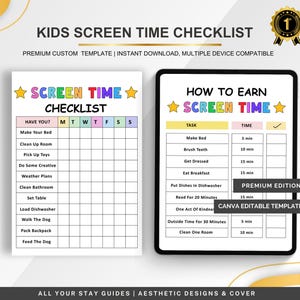 Puede incluir: Una lista de verificación imprimible para que los niños ganen tiempo de pantalla. La lista de verificación incluye tareas como hacer la cama, cepillarse los dientes y leer durante 20 minutos. La lista de verificación está diseñada para usarse con un marcador de borrado en seco y está disponible como una plantilla de Canva.