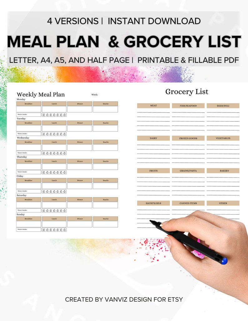 Weekly Meal Planner, Grocery List, Printable Template, 7-day Menu Plan ...