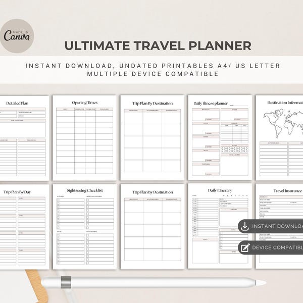 Planificateur de voyage ultime 2026 : itinéraire de vacances, budget et colis (téléchargement numérique au format PDF)