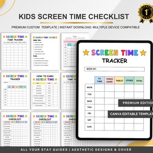 Puede incluir: Un conjunto de listas de verificación y rastreadores imprimibles para el tiempo de pantalla de los niños. Los diseños incluyen plantillas para rastrear el tiempo de TV, los videojuegos y el uso de tabletas. El texto incluye "Kids Screen Time Checklist".