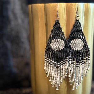 Full Moon Beaded Fringe Earrings: Miyuki Matte Labrador Beads