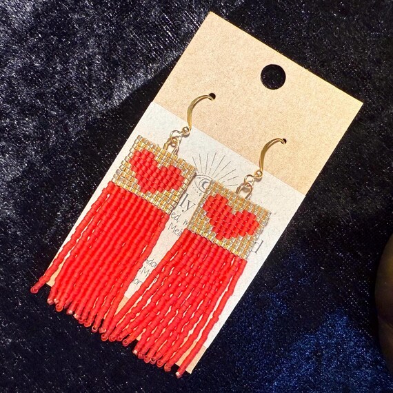 Heart Fringe Beaded Earrings: Red and Gold - Etsy display picture 1