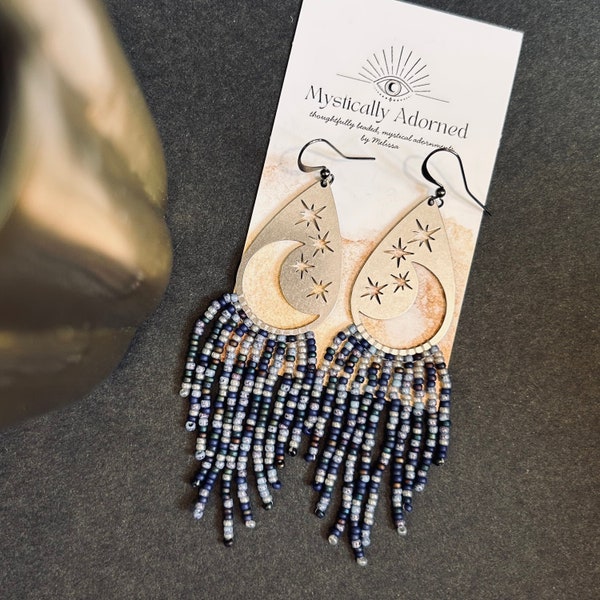 Blue Jean Baby - Moon Drops | Fringe Beaded Charms | Beaded Earrings | Crescent Moon Beaded Earrings