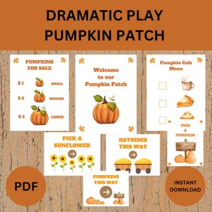 Puede incluir: Señales imprimibles para un área de juegos de calabaza. Las señales incluyen: Menú del Café de Calabaza, Elige una Calabaza, Elige un Girasol, Paseos en Paja por Aquí, Calabazas por Aquí y Calabazas a la Venta con precios.