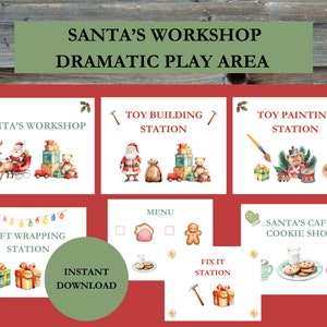 May include: Printable signs for a Santa's Workshop themed play area. The signs feature illustrations of Santa, elves, and toys. The signs include: Santa's Workshop, Toy Building Station, Toy Painting Station, Gift Wrapping Station, Santa's Cafe Cookie Shop, and Fix It Station.