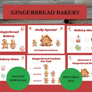 May include: Printable gingerbread bakery menu with illustrations of gingerbread people, houses, and other treats. The menu includes options for gingerbread cookies, a gingerbread house, and a daily special. The text "INSTANT DOWNLOAD" and "PRINTABLE FILE" are also included.