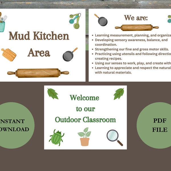 Mud Kitchen Signs/ Mud Kitchen/ Preschool Printable/ Outdoor/ Nature/ Sensory Play/ Role Play/ Play Kitchen Sign/Digital Downloads