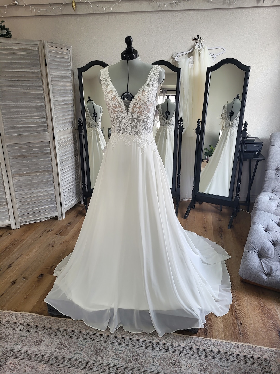 OM 1822 - A-line chiffon bridal gown with caviar beading - ivory