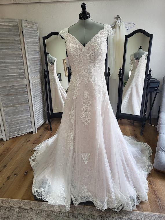 Lux & Love 3004 - Drop Waist Bridal Gown, Lace Up Back in Ivory Over Blush