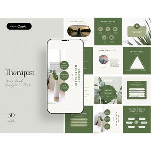 Green Minimal Therapist Instagram Posts, Psychologist Social Media, Therapy, Psychology, Counseling, Counselor, Therapy Business Templates