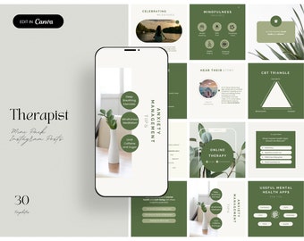 Green Minimal Therapist Instagram Posts, Psychologist Social Media, Therapy, Psychology, Counseling, Counselor, Therapy Business Templates