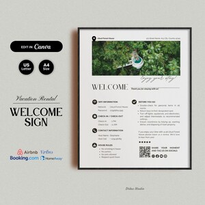 Könnte beinhalten: Ein schwarz-weißes Willkommensschild für eine Ferienwohnung. Das Schild enthält den Namen "Ubud Forest House", die Adresse, WLAN-Informationen, Check-in-/Check-out-Zeiten, Kontaktinformationen, Hausregeln und einen QR-Code. Das Schild enthält auch den Text "Genießen Sie Ihren Aufenthalt!" und "Vielen Dank für Ihren Aufenthalt!"