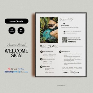 May include: Welcome sign for a holiday rental with a swimming pool and palm trees in the background. The sign includes information about WiFi, check-in/check-out times, house rules, and a reminder to double-check for personal items before leaving. The sign also includes a QR code to share the moment on social media.