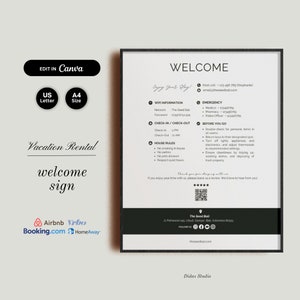 May include: A black and white welcome sign for a holiday rental. The sign includes the name "The Seed Bali", contact information, check-in and check-out times, house rules, and emergency contact information.