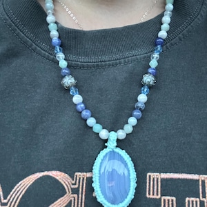 Blue lace agate necklace, macrame necklace, pendant necklace, crystals, crystal necklace, wrapped pendant, blue lace agate, agate pendant