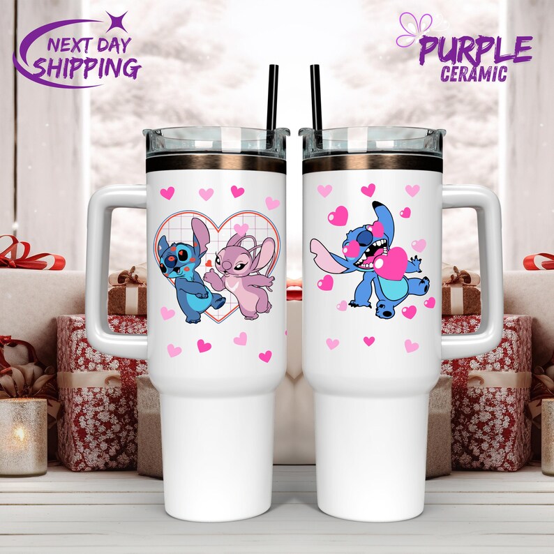 Stitch Custom Tumbler Cup 40oz,40 oz Stanley style Cute Stitch Love,Custom Disney Friends Stitch and Angel Tumbler, Personalized Disney