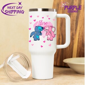 Stitch Custom Tumbler Cup 40oz,40 oz Stanley style Cute Stitch Love,Custom Disney Friends Stitch and Angel Tumbler, Personalized Disney