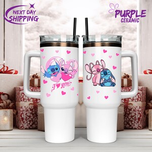 Stitch Custom Tumbler Cup 40oz,40 oz Stanley style Cute Stitch Love,Custom Disney Friends Stitch and Angel Tumbler, Personalized Disney