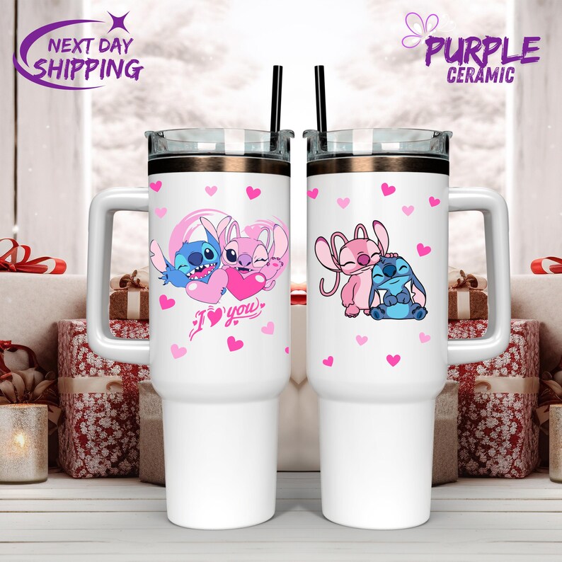Stitch Custom Tumbler Cup 40oz,40 oz Stanley style Cute Stitch Love,Custom Disney Friends Stitch and Angel Tumbler, Personalized Disney