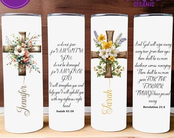 Personalized Christian Tumbler, Floral Cross, Bible Verse, Religious Gift