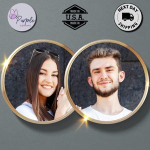May include: Two circular gold-rimmed frames containing portraits of a person with long brown hair wearing sunglasses and a person with short brown hair and a beard. Above the frames are logos for Purple Ceramic, Made in U.S.A., and Next Day Shipping.