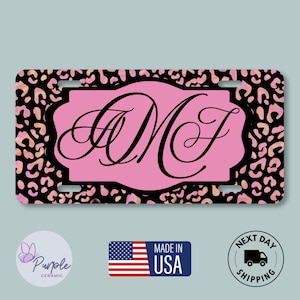 Custom Pink Leopard Print Monogram License Plate, Custom Initials Car Tag, Personalized Girly Auto Tag, Aluminum Bedroom Wall Decor