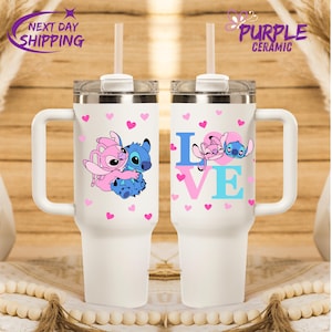 Stitch Custom Tumbler Cup 40oz,40 oz Stanley style Cute Stitch Love,Custom Disney Friends Stitch and Angel Tumbler, Personalized Disney