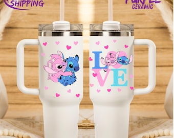 Stitch Custom Tumbler Cup 40oz,40 oz Stanley style Cute Stitch Love,Custom Disney Friends Stitch and Angel Tumbler, Personalized Disney