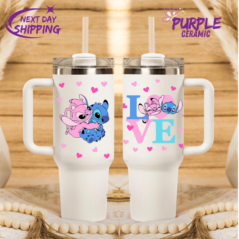 Stitch Custom Tumbler Cup 40oz,40 oz Stanley style Cute Stitch Love,Custom Disney Friends Stitch and Angel Tumbler, Personalized Disney
