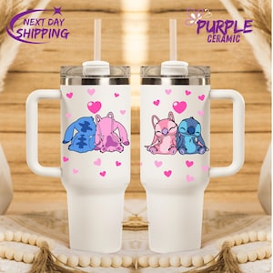 Stitch Custom Tumbler Cup 40oz,40 oz Stanley style Cute Stitch Love,Custom Disney Friends Stitch and Angel Tumbler, Personalized Disney