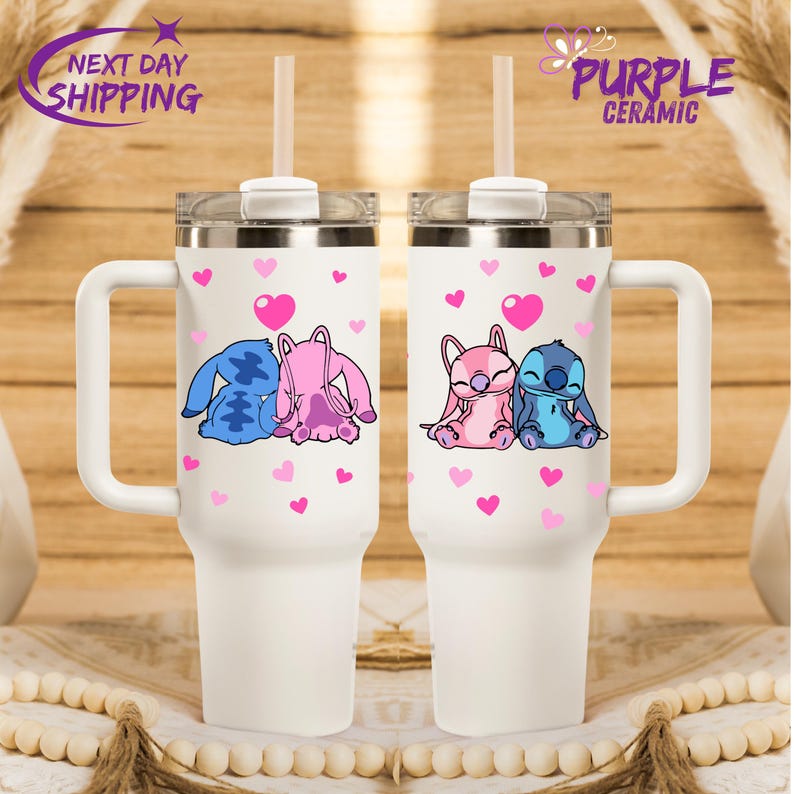 Stitch Custom Tumbler Cup 40oz,40 oz Stanley style Cute Stitch Love,Custom Disney Friends Stitch and Angel Tumbler, Personalized Disney