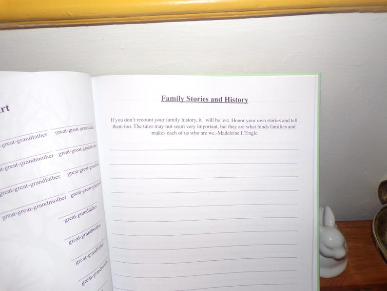 K&ouml;nnte beinhalten: Ein leeres, liniertes Tagebuch mit einem gr&uuml;nen Einband und dem Titel "Family Stories and History" in Schwarz gedruckt. Der Text unter dem Titel lautet: "Wenn du deine Familiengeschichte nicht erz&auml;hlst, geht sie verloren. Ehre deine eigenen Geschichten und erz&auml;hle sie auch. Die Geschichten m&ouml;gen nicht sehr wichtig erscheinen, aber sie sind es, was Familien verbindet und uns zu dem macht, was wir sind. - Madeleine L'Engle"