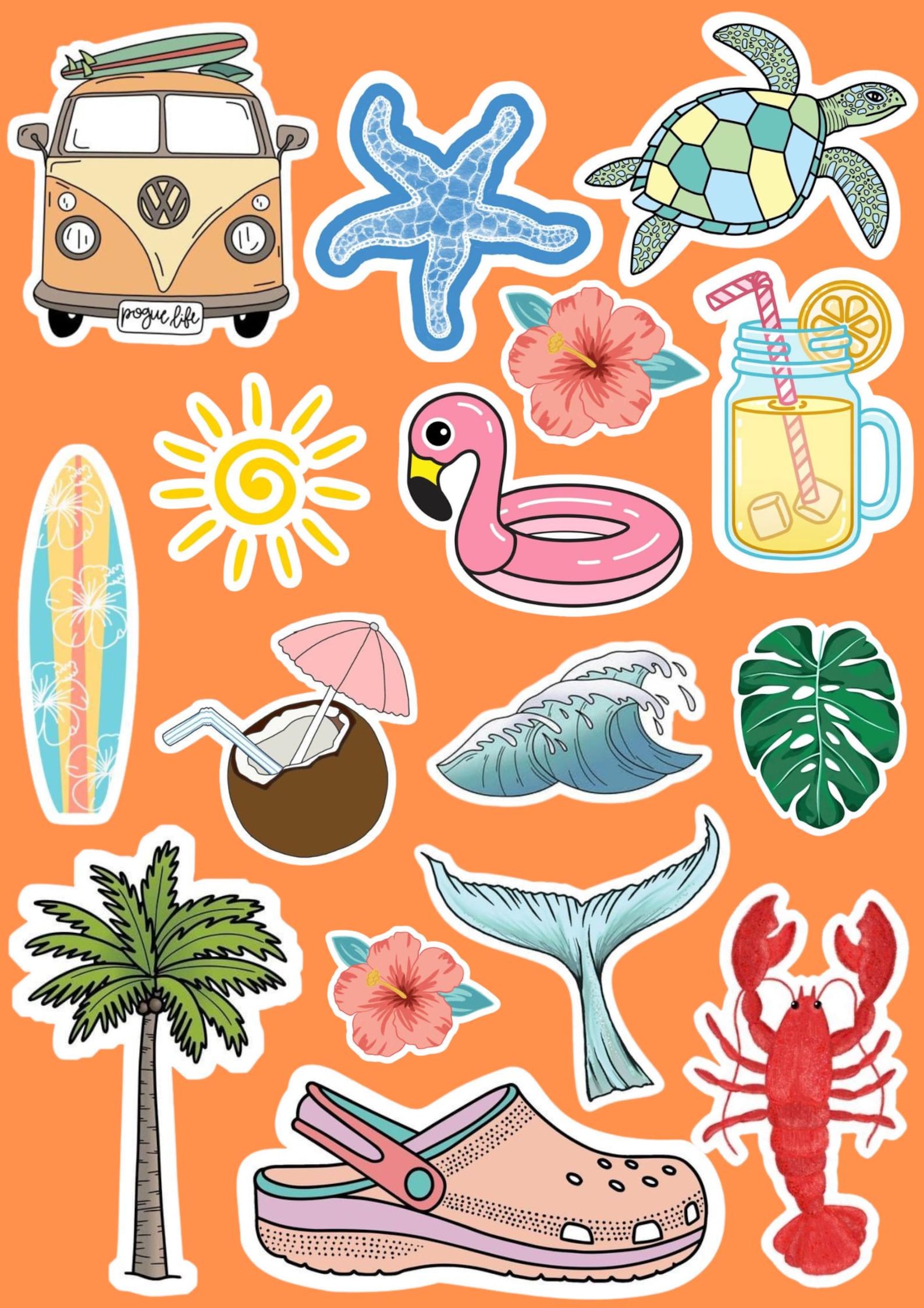 Summer Beach Stickers | Printable PNG Sheet | Flamingo, Surf Van, Palm ...