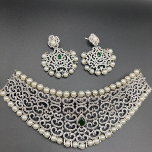 Pearl Diamond Choker,Vivaah Collection by SONAKSH,Pearl Diamond Choker/Emerald Pearl/Pachu Moti Khade/Bridal wear/ Earrings/Western Jewels