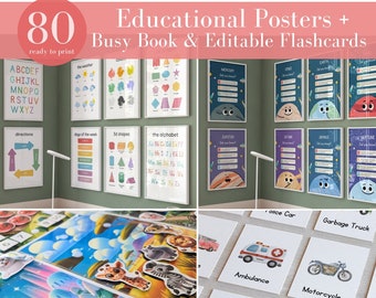 Set of 80 Educational Posters and Flashcards | Educational Printables | Montessori Homeschool Decor Bundle | Toddler Educational | Busy Book