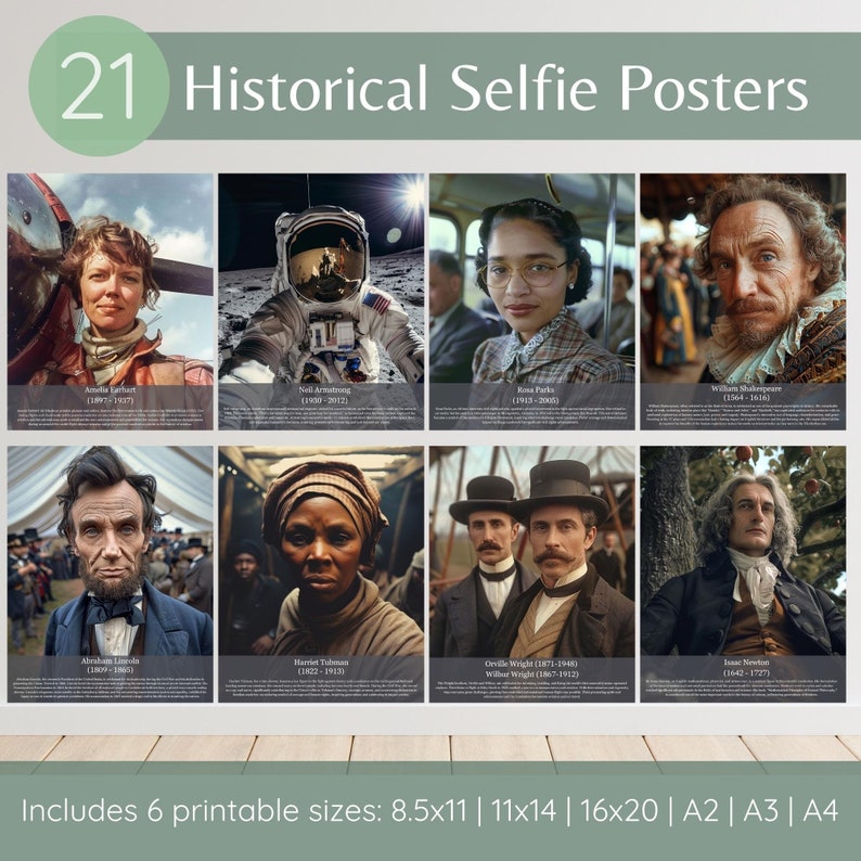 Pu&ograve; includere: Un set di 21 poster storici di selfie con personaggi famosi come Amelia Earhart, Neil Armstrong e Rosa Parks. I poster includono i nomi e le date di ogni persona. Disponibili in 6 formati stampabili, tra cui A4 e 16x20 pollici (circa 40x50 cm).