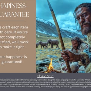 Puede incluir: Una ilustraci&oacute;n digital de un hombre con un abrigo de piel azul y marr&oacute;n que sostiene una lanza. El hombre mira hacia la derecha de la imagen. El fondo es una cordillera nevada con dos elefantes en la distancia. El texto "Happiness Guarantee" est&aacute; en la esquina superior izquierda de la imagen. El texto "We craft each item with care. If you're not completely satisfied, we'll work to make it right. Your happiness is guaranteed!" est&aacute; en la esquina superior izquierda de la imagen. El texto "Please Note: Our educational posters blend historical accuracy with modern design to create engaging visuals for students. While based on thorough research, these portraits are interpretive representations rather than exact replications. We thoughtfully balance authenticity with stylized elements to make historical figures relatable to today's learners, spark renewed interest in these important individuals, and extend an invitation to further learning. We truly hope you enjoy our unique approach to bringing history to life!" est&aacute; en el centro inferior de la imagen.