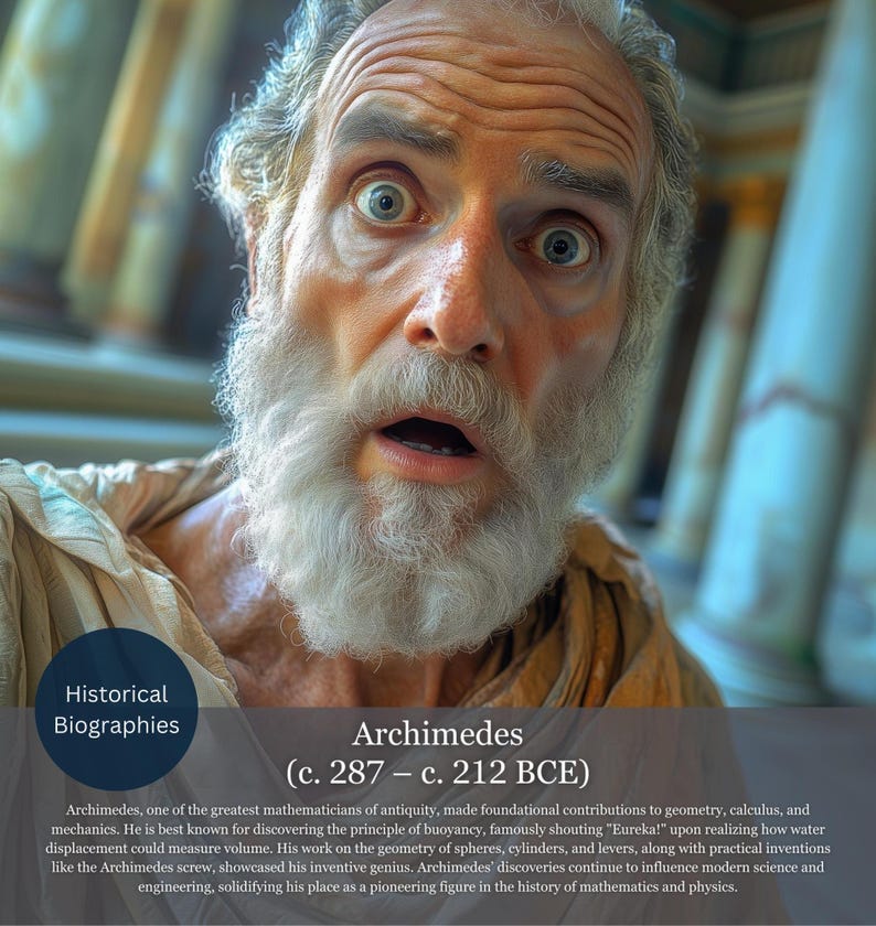 May include: A portrait of Archimedes, a historical figure, with a surprised expression. He has a long white beard and is looking directly at the viewer. The image includes text about his contributions to mathematics and physics.