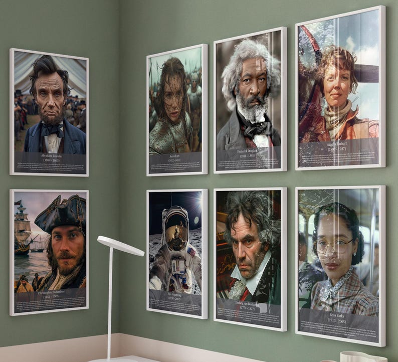 Pu&ograve; includere: Una collezione di stampe di ritratti incorniciati con personaggi storici, tra cui Abraham Lincoln e Rosa Parks. I ritratti sono esposti su una parete verde, creando un'estetica da galleria. Ogni stampa ha un bordo bianco e una targhetta.