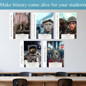 Puede incluir: Seis carteles en una pared, cada uno representando una &eacute;poca hist&oacute;rica diferente. Los carteles est&aacute;n titulados "Era Revolucionaria", "Revoluci&oacute;n Industrial", "Era de Conflicto Global", "Era de Posguerra", "Era Moderna", y presentan im&aacute;genes de personas y eventos de cada &eacute;poca.