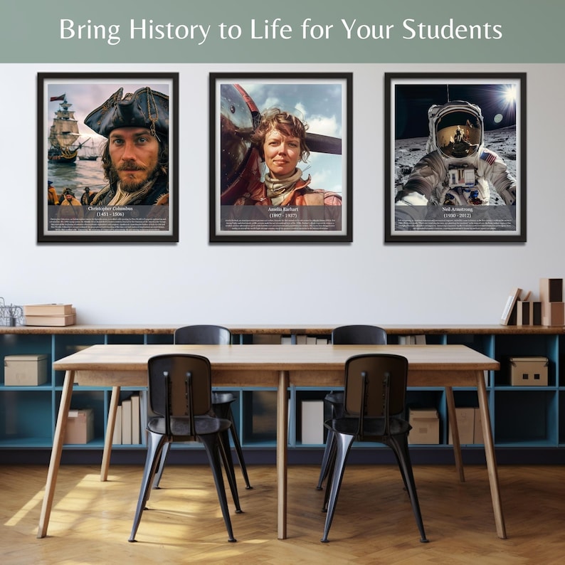 Pu&ograve; includere: Tre ritratti storici incorniciati sono appesi sopra un tavolo di legno. I ritratti raffigurano Cristoforo Colombo, Amelia Earhart e Neil Armstrong. Il testo "Bring History to Life for Your Students" &egrave; in alto.
