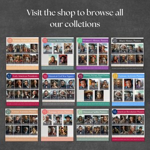 Puede incluir: Un collage de 10 conjuntos de p&oacute;sters diferentes con figuras hist&oacute;ricas. Cada conjunto tiene un t&iacute;tulo y un n&uacute;mero que indica la cantidad de p&oacute;sters en el conjunto. Los conjuntos incluyen: Famosos gobernantes de la historia, P&oacute;sters de escritores famosos, P&oacute;sters de la historia de las mujeres, P&oacute;sters de la historia negra, Primeros presidentes estadounidenses, Figuras hist&oacute;ricas de la Guerra Civil, P&oacute;sters del Mes de la Herencia Hispana, P&oacute;sters de activistas famosos, P&oacute;sters de cient&iacute;ficos famosos, P&oacute;sters de artistas famosos, P&oacute;sters de selfies hist&oacute;ricos y P&oacute;sters de la Revoluci&oacute;n Americana.